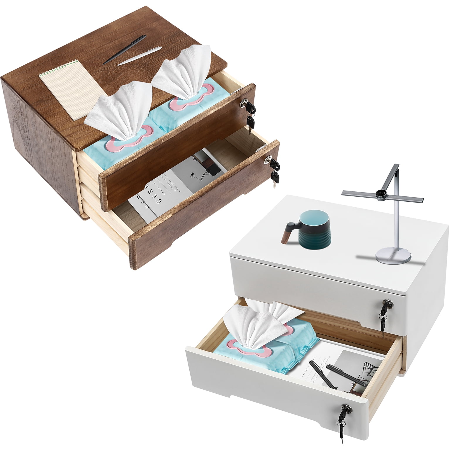 Wooden Desktop Storage Box, 2-Drawer Organizer with Lock, Minimalist Design for Files, Keys, and Daily Essentials in Home or Office