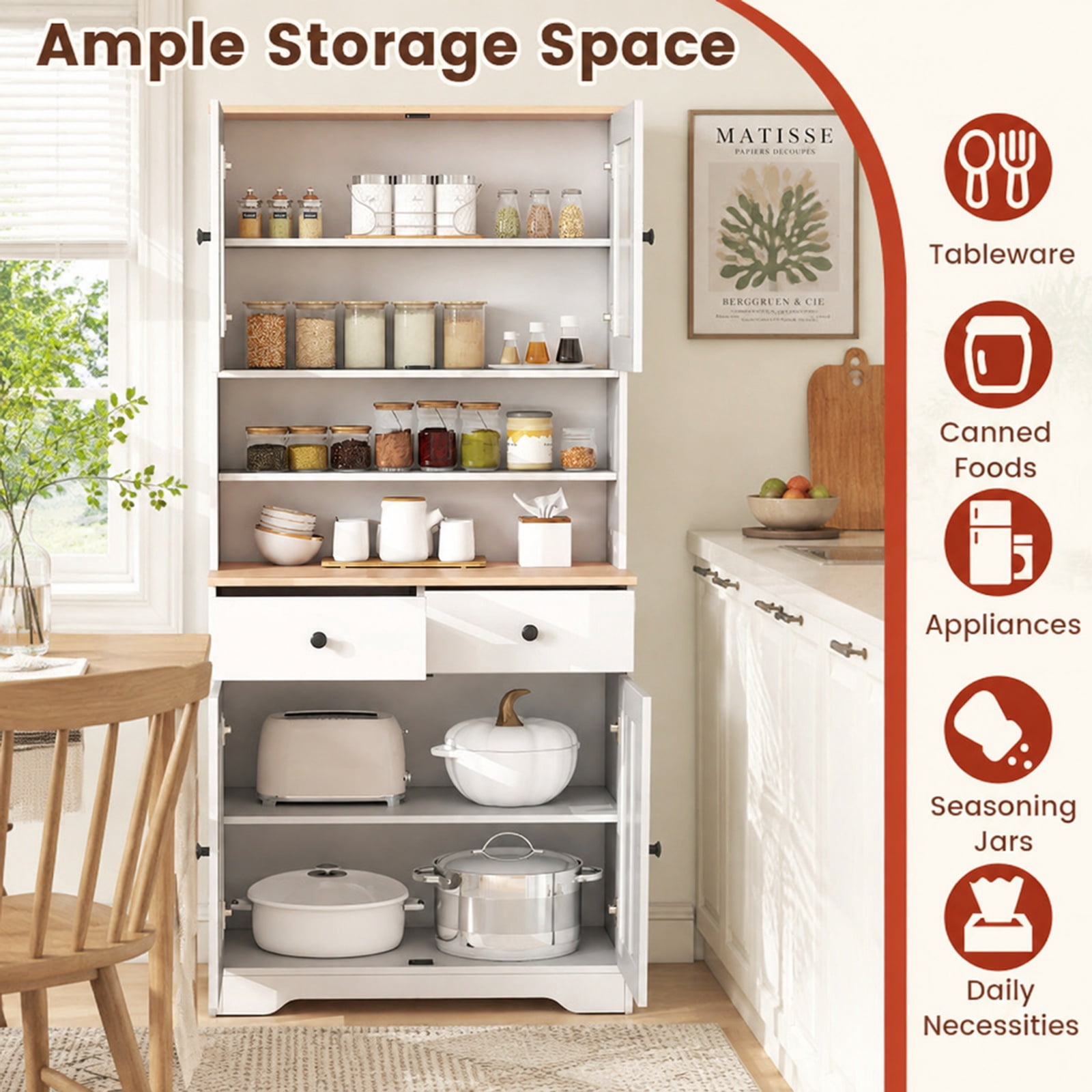 Furnibear Tall Kitchen Pantry Cabinet with Glass Doors 2 Drawers Adjustable Shelves and Countertop Freestanding Storage Cabinet for Kitchen, White