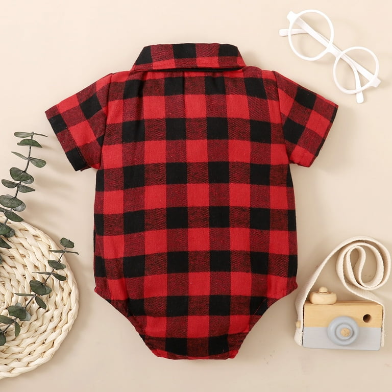 OLLUISNEO Newborn Baby Boys Jumpsuit Red Plaid Short Sleeve Baby
