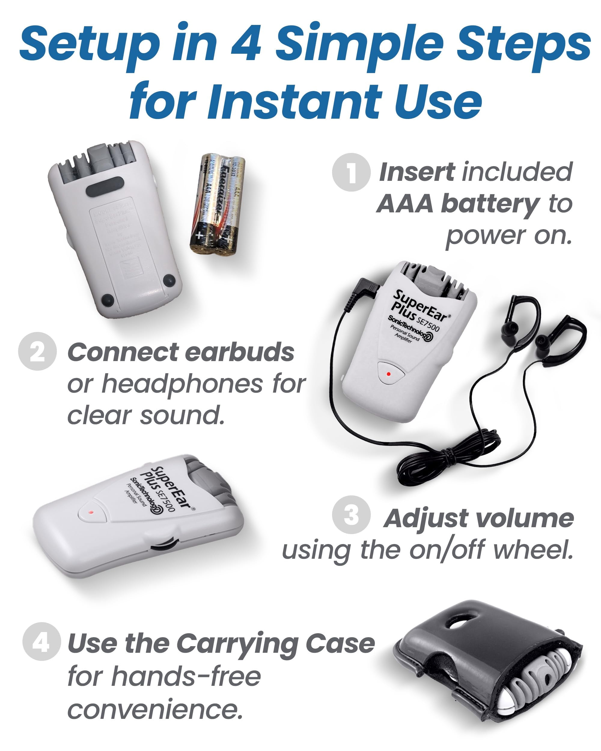 SuperEar Plus SE7500 Personal Sound Amplifier by Sonic Technology with Headphone & Earbud, Case, Extra Batteries & Liberty Microfiber Cleaning Cloth