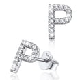 thumbnail image 1 of Silvora Pendientes pequeños de plata esterlina con inicial de circonita cúbica Pendientes con letra P Regalo de cumpleaños de Navidad para su mamá, novia e hija, 1 of 8