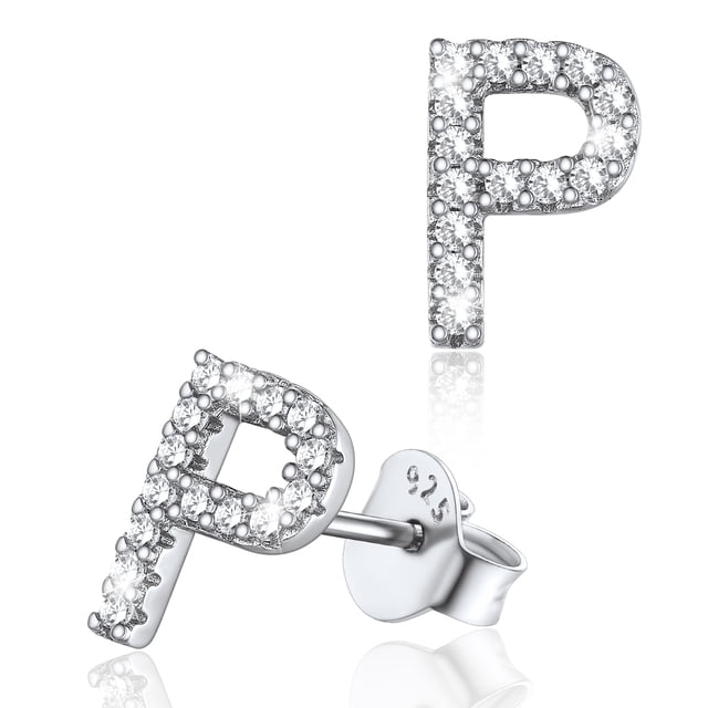 Silvora Pendientes pequeños de plata esterlina con inicial de circonita cúbica Pendientes con letra P Regalo de cumpleaños de Navidad para su mamá, novia e hija