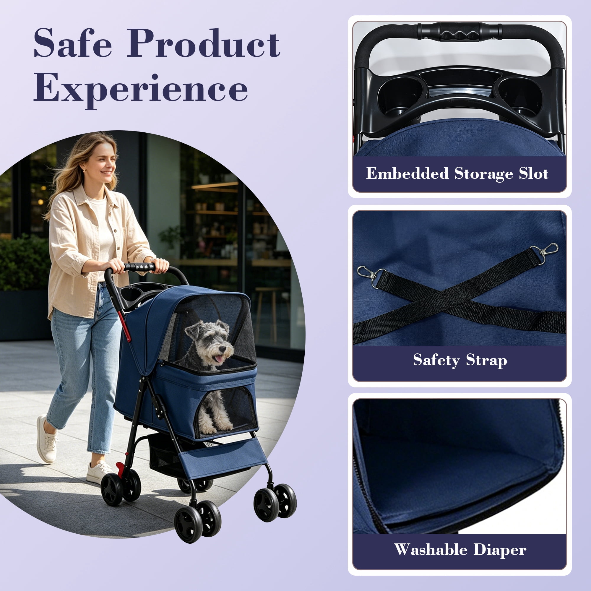 One-Click Foldable Blue Pet Stroller for Small Dogs & Cats, Holds Up to 28 LBS, Breathable Mesh, 360° Swivel Lockable Wheels, Storage Tray & Basket for Walks Vet Travel
