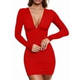 thumbnail image 2 of Women'S Long Sleeve V Neck Ruched Bodycon Mini Party Cocktail Dress Red S, 2 of 8