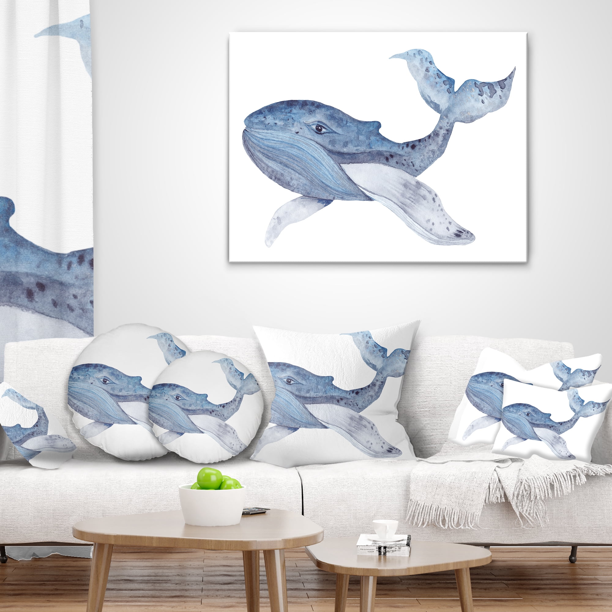 Designart Large Watercolor Whale - Animal Throw Pillow - 16x16