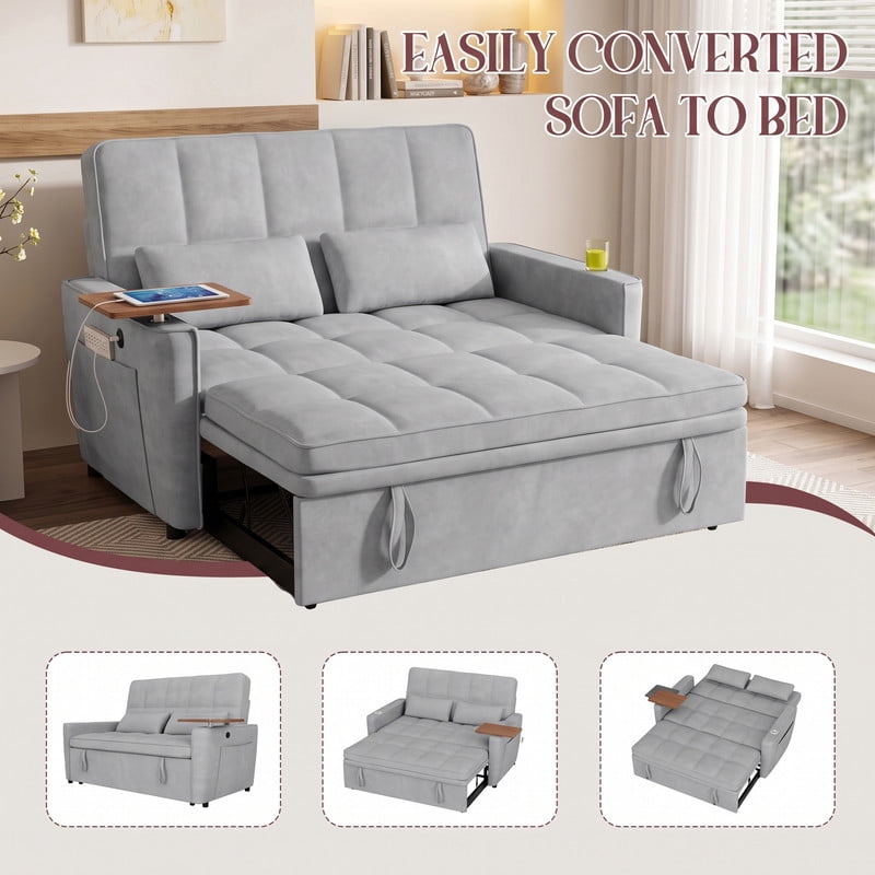 avobird 54'' Pull Out Sofa Bed, Convertible Sleeper Couch for for Living Room, Side Desk, USB Ports, Cup Hold, Velvet Fabric, Adjustable Backrest, Light Gray
