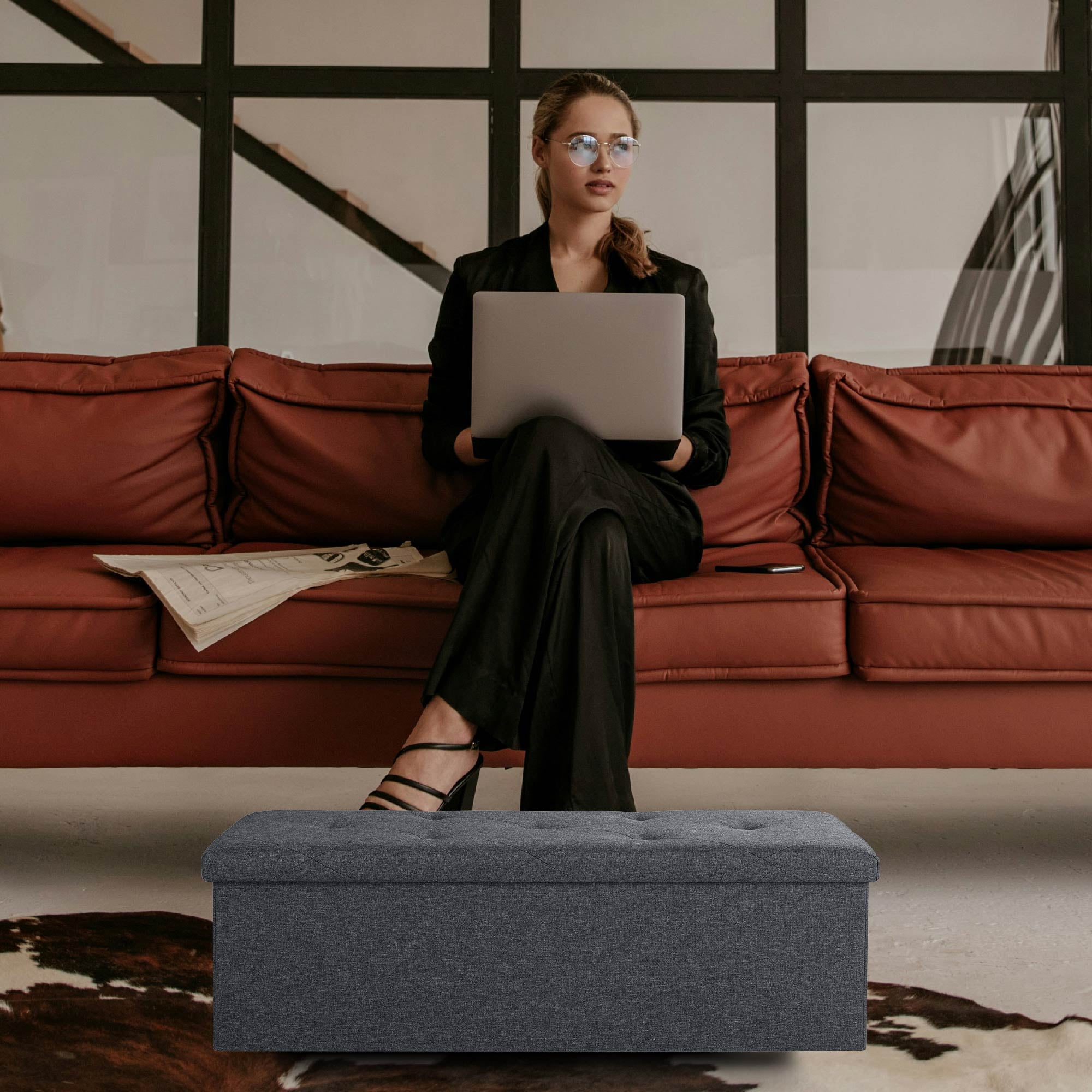 MAYEERTY 43" Folding Storage Ottoman Bench, Upholstered Chest with Lid, Gray