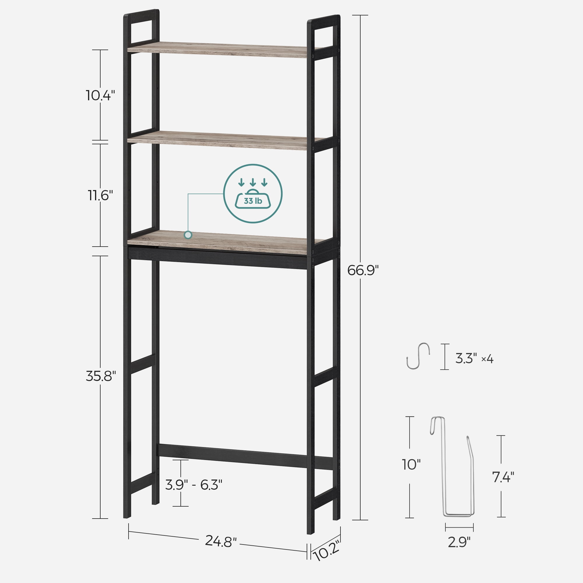 SONGMICS Over-The-Toilet Storage, 3-Tier Bathroom Organizer Over Toilet with Adjustable Shelves, Hooks, Bamboo, Freestanding Space Saver Bathroom Shelves, Heather Greige and Ink Black