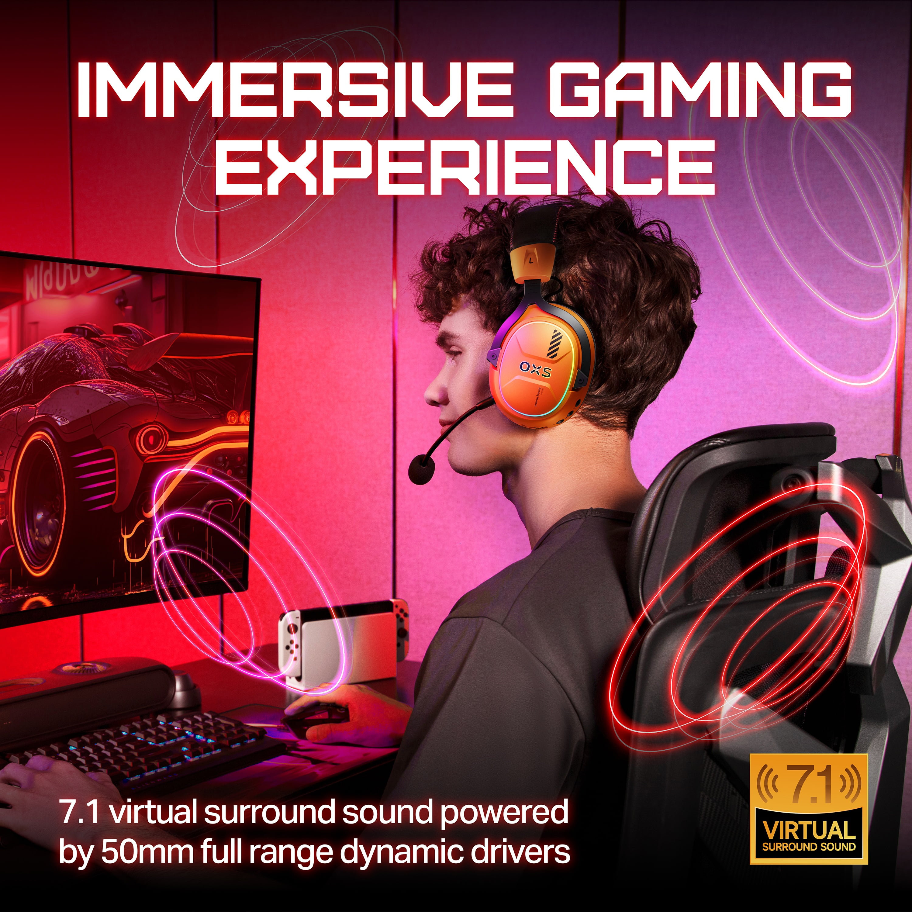 OXS Storm G2 Wireless Gaming Headsets with 7.1 Virtual Surround Sound, Orange