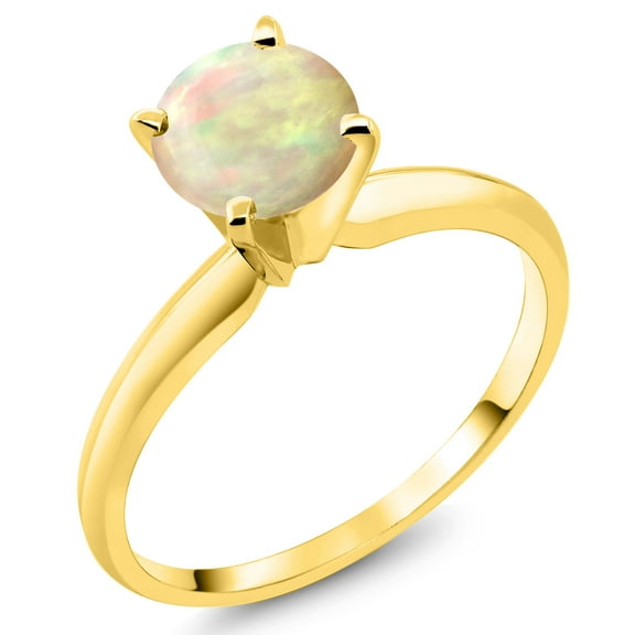 Gem Stone King 14K Yellow Gold White Ethiopian Opal Solitaire Engagement 4-Prong Ring for Women | 0.56 Cttw | Round 6MM | Gemstone October Birthstone (Size 5)