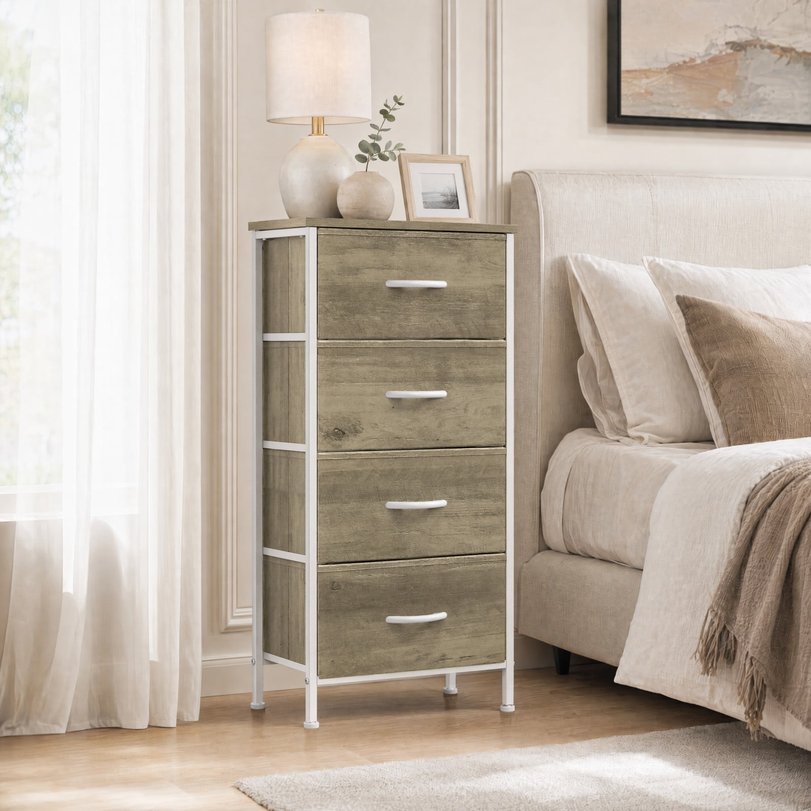 Telyra 4-Drawer Fabric Dresser 37.4" Tall Storage Tower with Wood Top and Steel Frame Narrow Organizer, Oak Greige