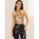 thumbnail image 3 of INSPIRE CHIC Top corto sin mangas elástico con cuello halter brillante y fiesta holográfica para mujer Color Oro L, 3 of 6