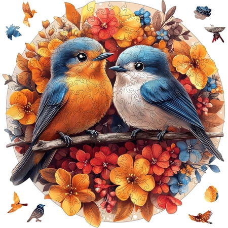 Wooden Puzzles for Adults, Robin Bird Couple Jigsaw Puzzles 200 Pieces, 11 x 11.2 Inch, Medium, Unique Shaped Round Blue Birds Puzzles for Adults and Kids, Family Game