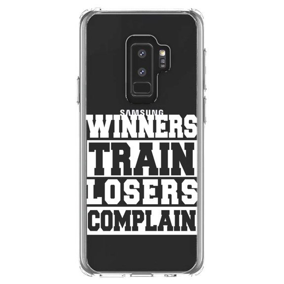 DistinctInk Clear Shockproof Hybrid Case for Samsung Galaxy S9  PLUS (6.2" Screen) - TPU Bumper Acrylic Back Tempered Glass Screen Protector - Winners Train Losers Complain