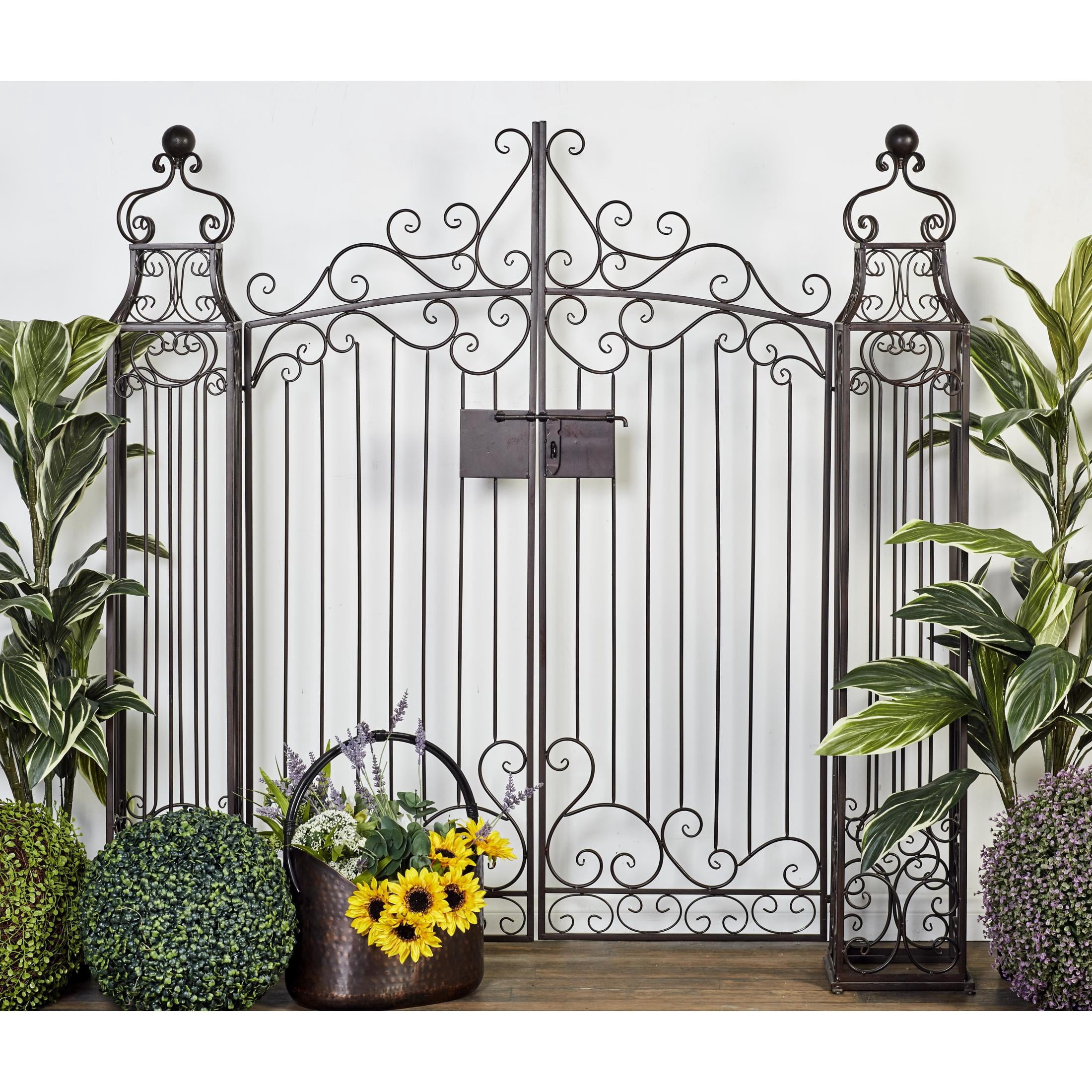 DecMode 60" Indoor Outdoor Arched Gate Dark Brown Metal Scroll Garden Arbor with Latch Lock Closure