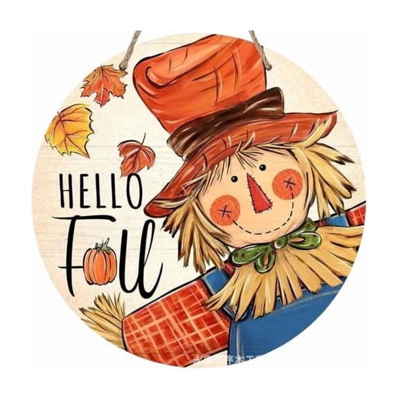 Hello Fall Scarecrow Pumpkin Door Sign, Autumn Harvest Welcome Hanging Signs, Rustic Scarecrows Maple Leaf Wooden Door Hanger Wreath for Thanksgiving Wall Farmhouse Home Decor