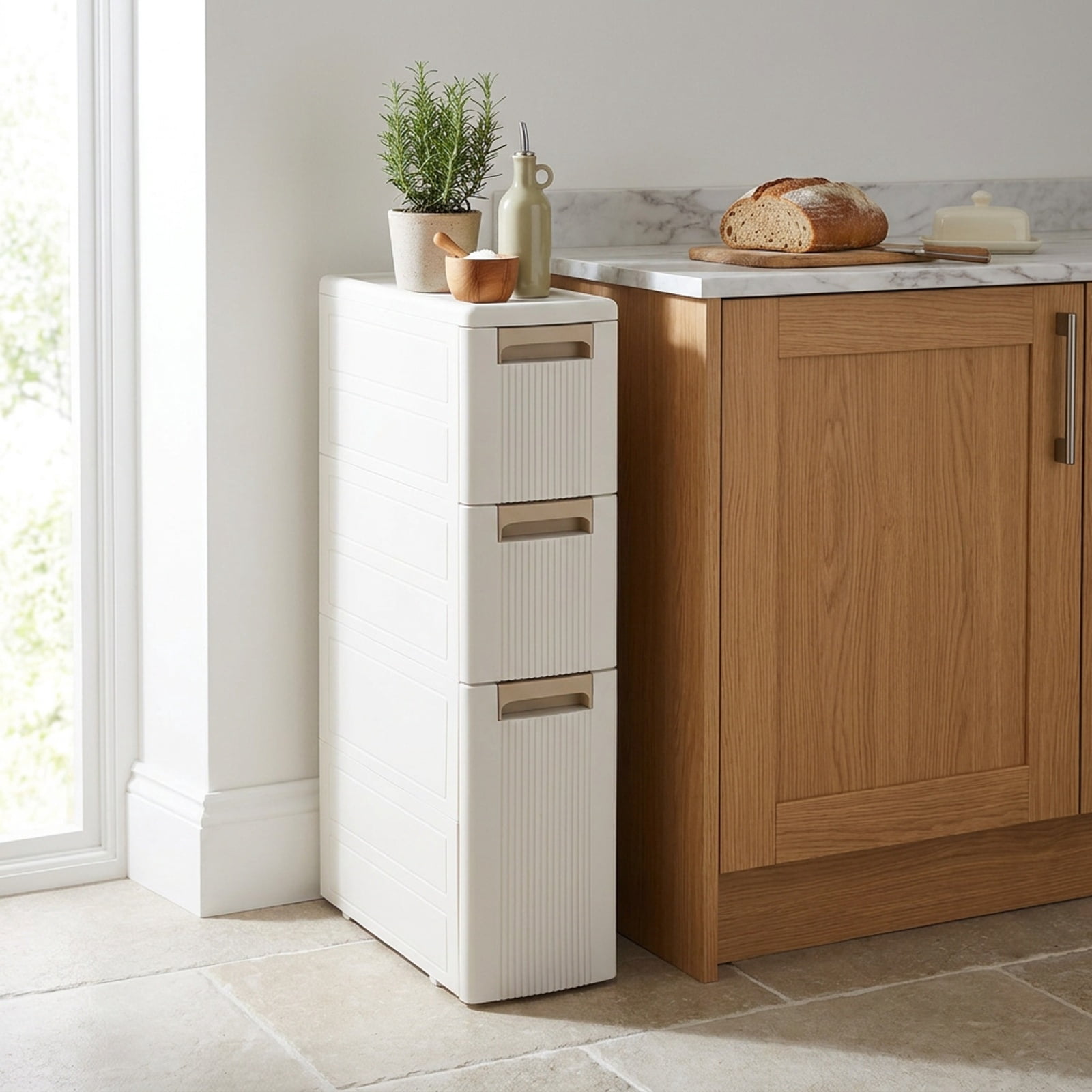 Vebreda Freestanding Bathroom Storage Cabinet, Narrow Storage Cabinet with Drawers and Removable Dividers, Multi-Layered Storage