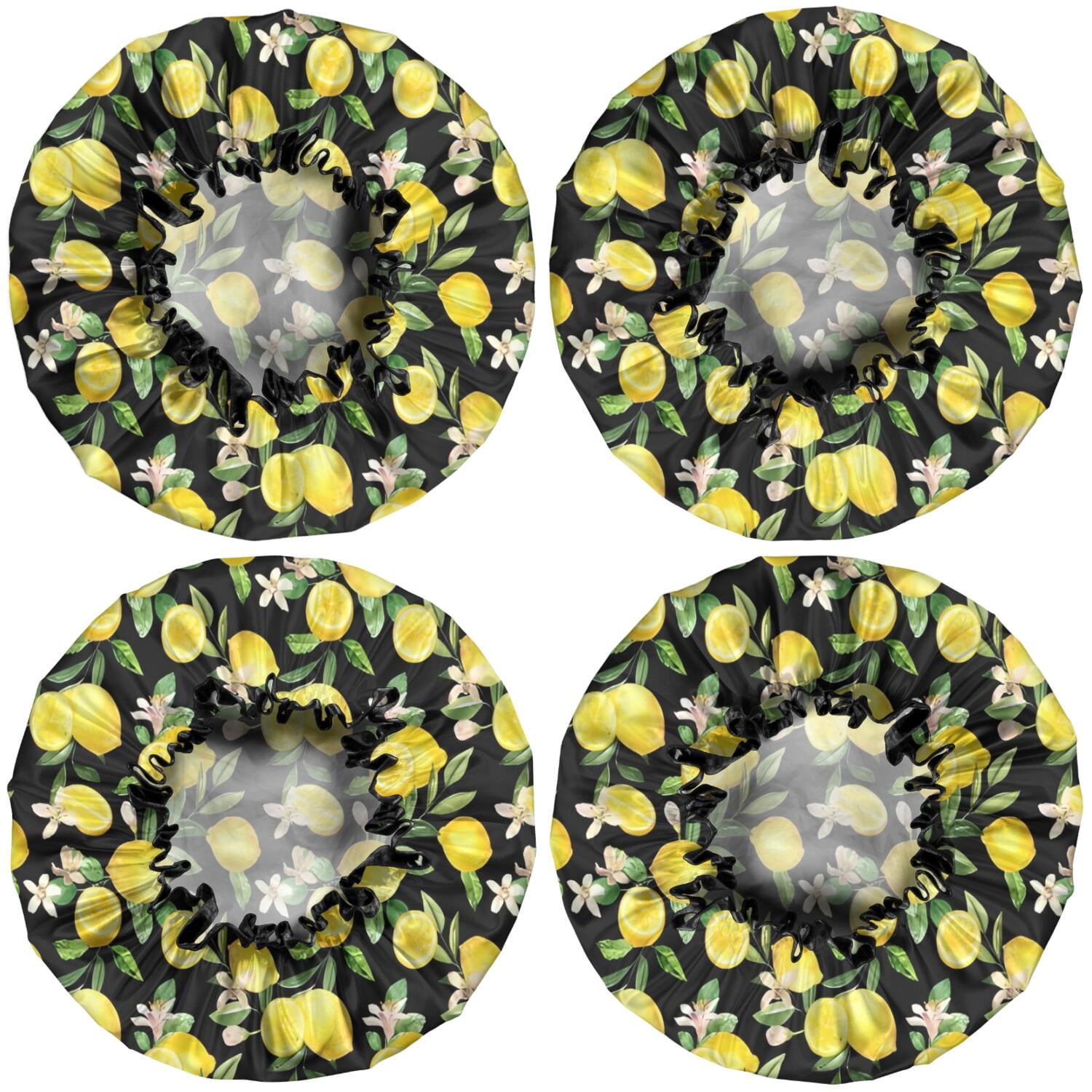 Shower Caps,Yellow Lemon Fruit Flowers Black Pattern Waterproof Shower Cap for Women 4 Pieces,Double Reusable Hair Cover for Shower PEVA Elastic Stretch Hem