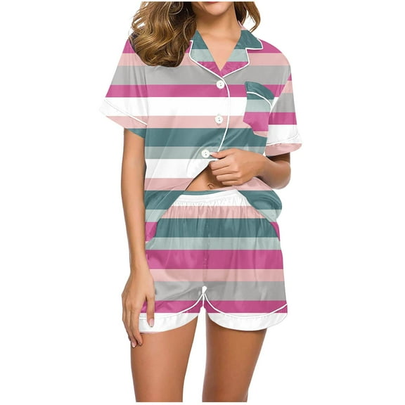 Dovford Womens Pajamas Short Sleeve Lounge Set Slik Striped V Neck Button Tops and Shorts Pj Sets Soft Sleepwear with Pockets