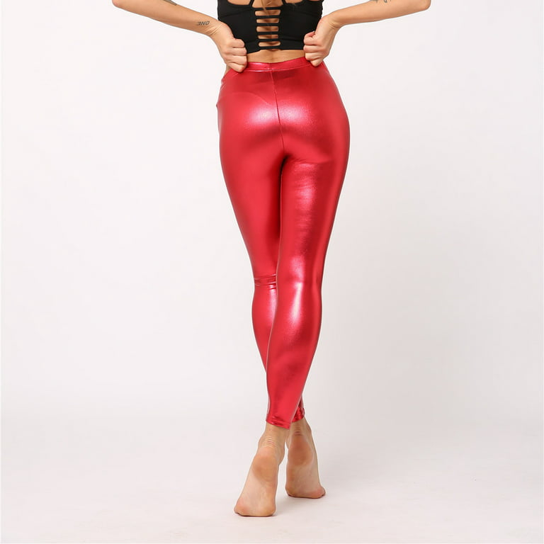 YYDGH Women's Shiny Metallic Leggings Sexy High Gloss Skinny Pants Faux  Leather Stretch Shaping Tights Trousers Red XL