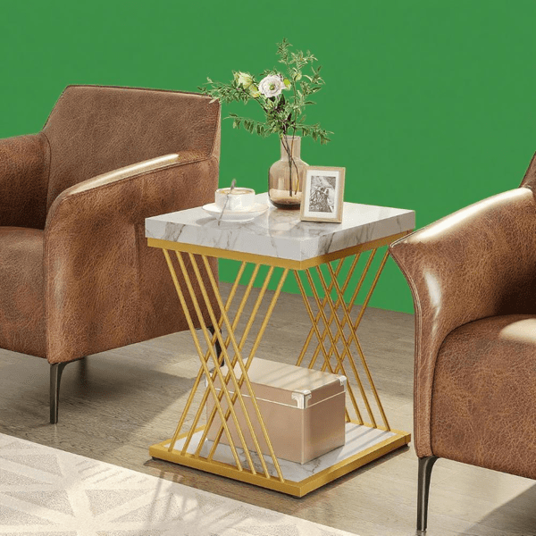 2-Tier Square Side Table with Faux Marble Top, X-Shaped Metal Frame, Compact Dual-Shelf Design for Living Room/Bedroom/Small Spaces