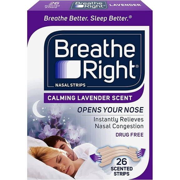 Breathe Right Calming Lavender Scented Drug-Free Nasal Strips for Nasal Congestion Relief - 2 Packages (26 count)