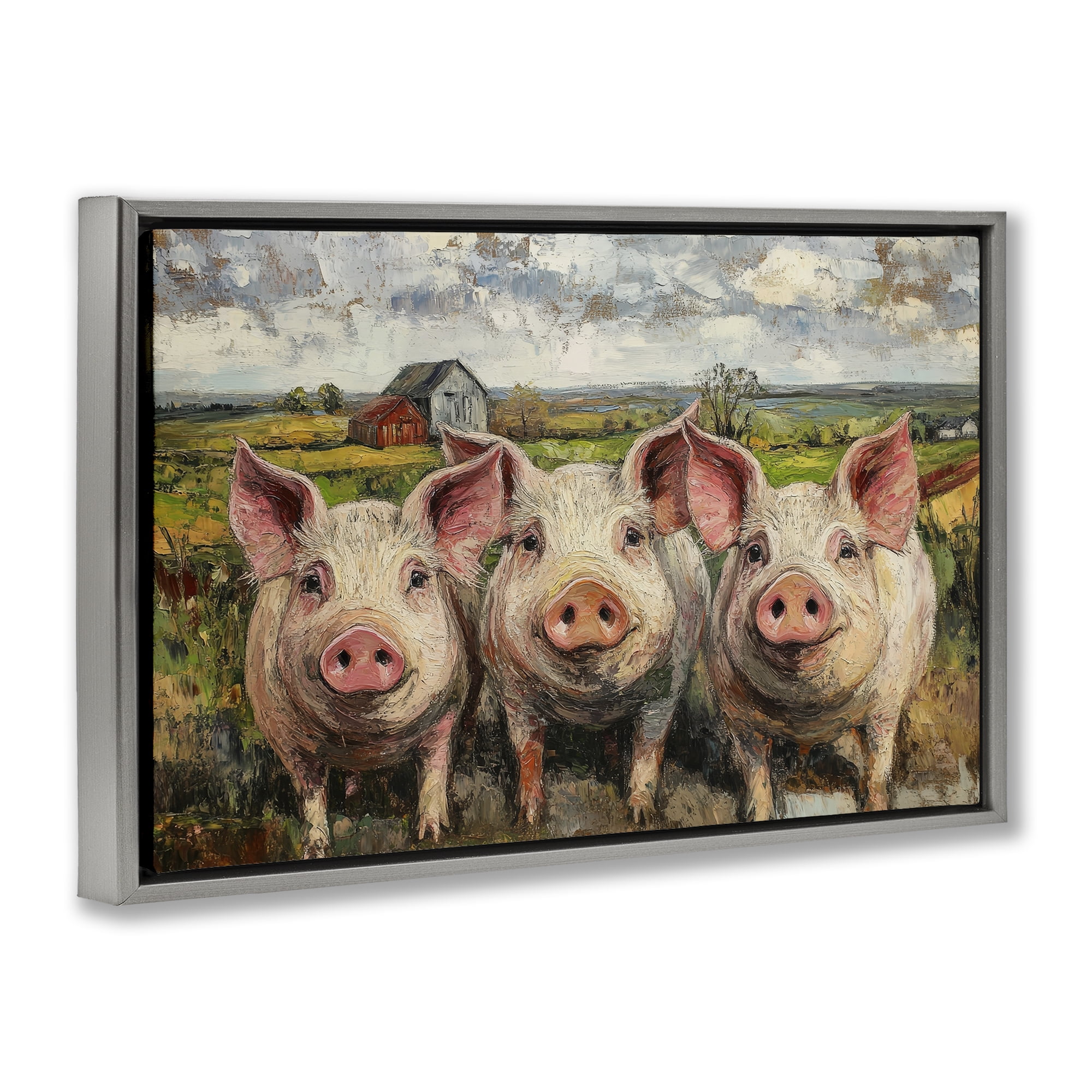 Stupell Industries Classic Barnyard Pigs in Countryside Gray Framed Floater Canvas Wall Art, design by Petal Prints Design
