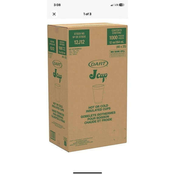 Dart 12J12 Foam Drink Cups - 12Oz 1000 Cups
