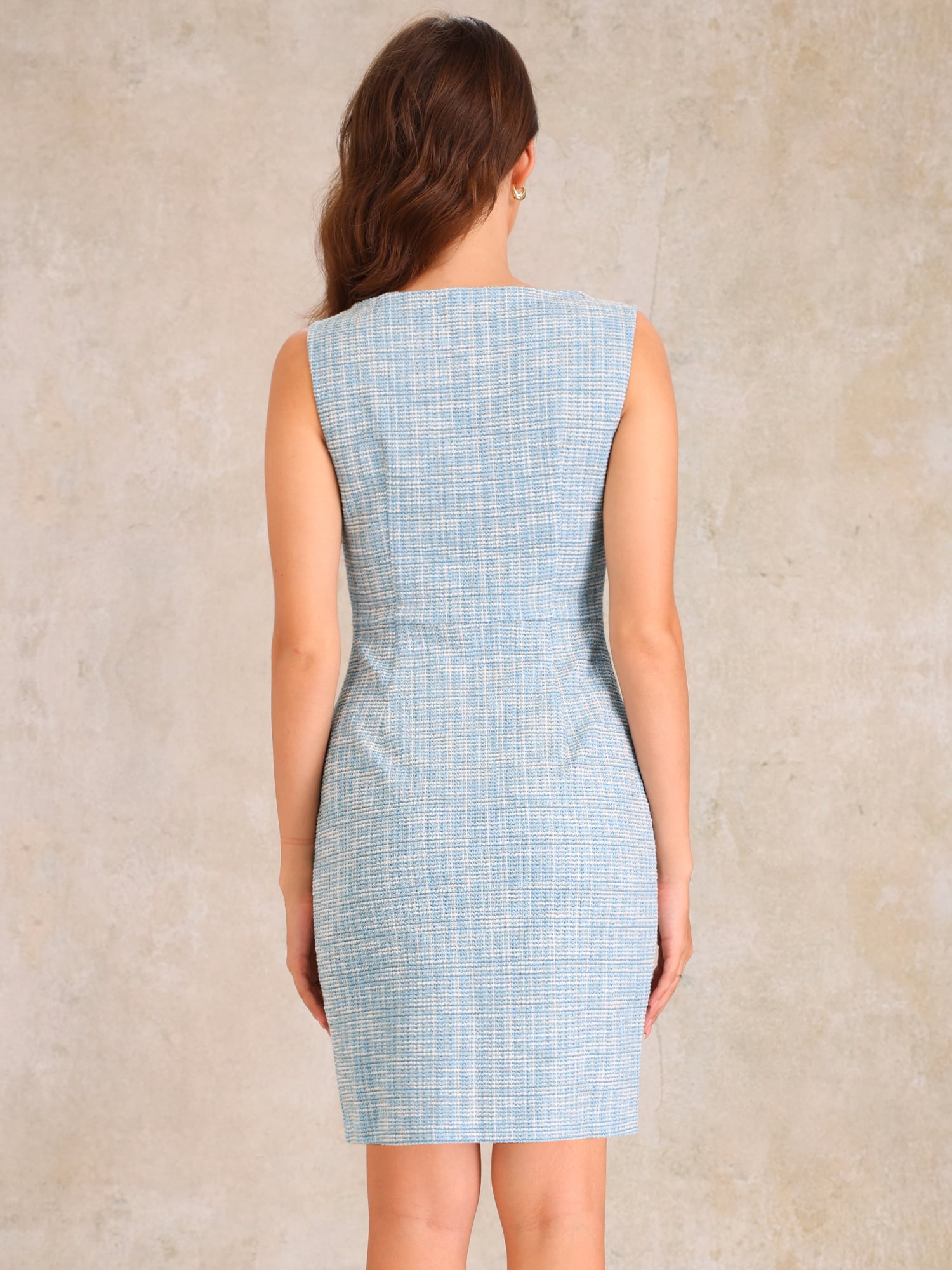 DARING DIVA Tweed Boat Neck Plaid Sheath Dress S Light Blue