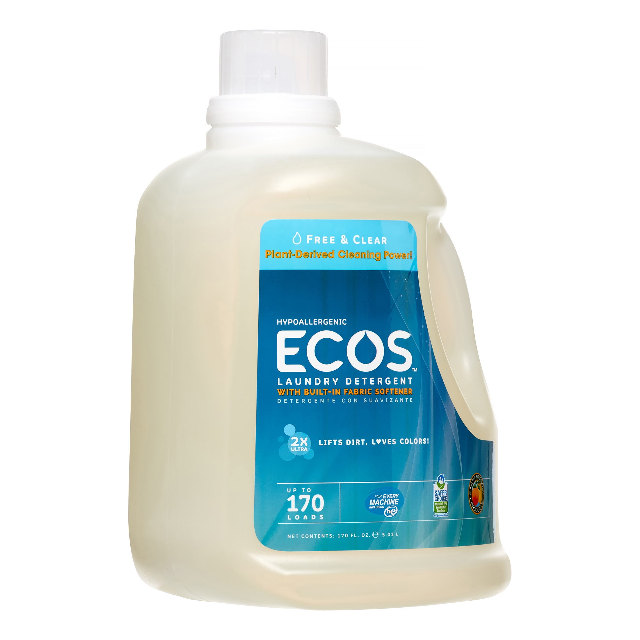 ECOS 2X Natural Laundry Detergent, Free & Clear, 170 Loads