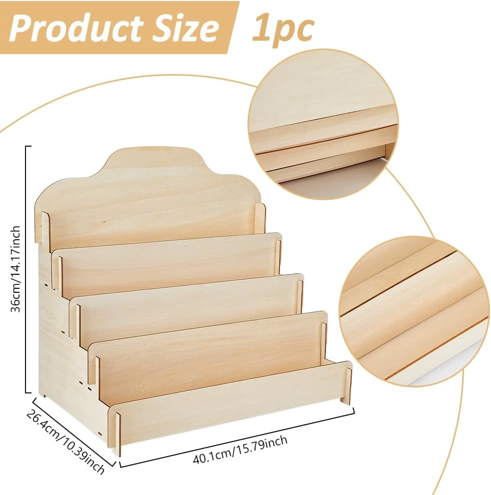 4-Tier Greeting Card Display Stand Wood Sticker Rack Portable Birthday Card Display Wooden Sticker Holder Organizer for Home Retail Counter Tabletop Stand 40.1x26.4x36cm Brown