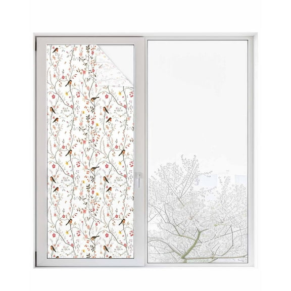 Window Privacy Film Flowers Birds Stained Glass Window Film Decorative Sun Block Window Cover Farmhouse Botanical Floral Branches Plants Window Clings Static Adhesive Sticker for Bathroom 23.6"x59"