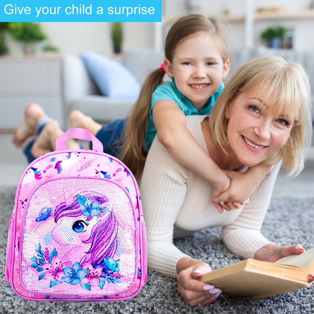 AGSDON Toddler Backpack for Girls, Kids Cute Unicorn Preschool Bookbag, Kindergarten Sequin School Bag