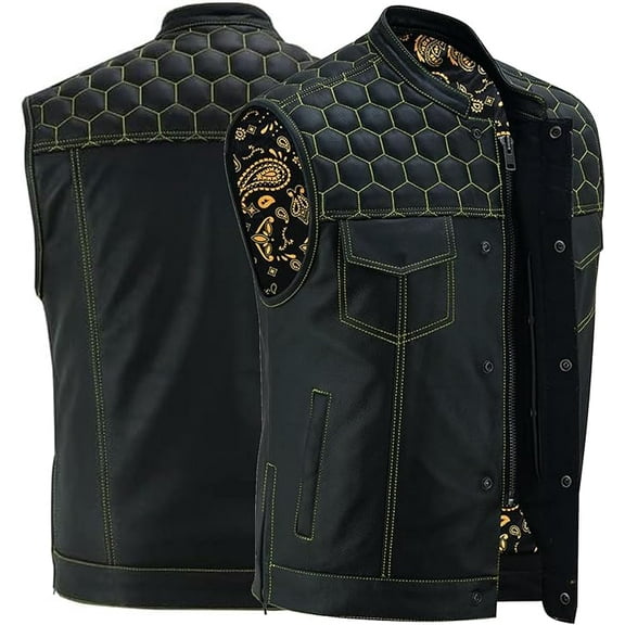 Daniel Smart Men’s Black Leather Motorcycle Vest – Soft Milled Cowhide Biker Vest with Quilted Design, Scoop Collar & Interior Pockets
