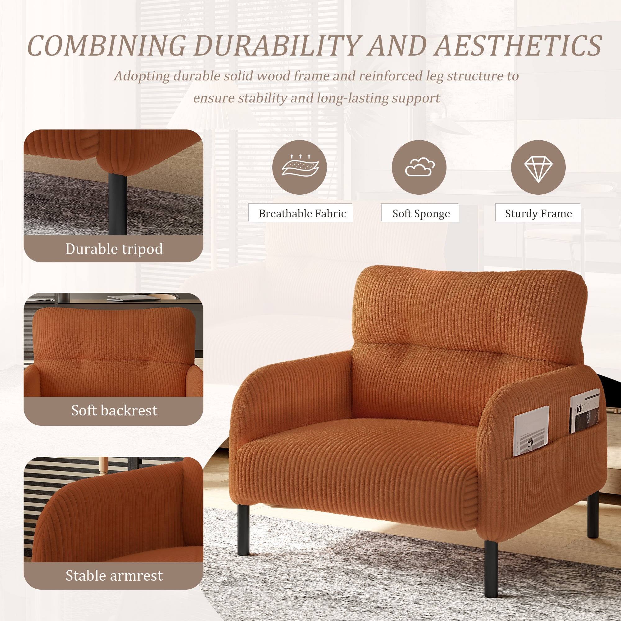Modern Accent Chair,Armchair,Corduroy Fabric Sofa Chairs,Upholstered Armchair for Living Room,Bedroom,Office,Orange