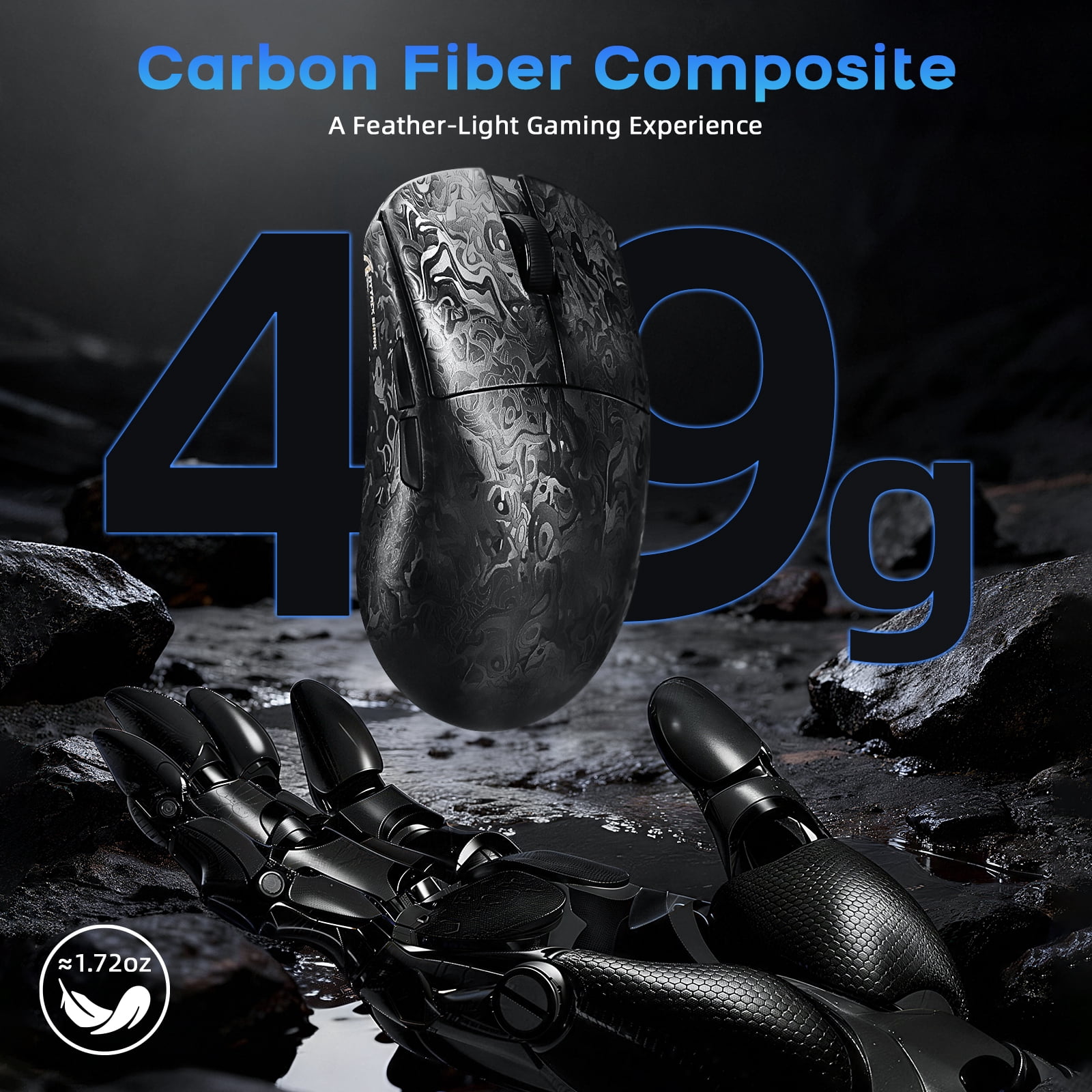 ATTACK SHARK R11 Ultra 8K Carbon Fiber Wireless Gaming Mouse with 42000 DPI-PAW3950 MAX Sensor-49g Lightweight,Nordic 52840 MCU Chip,Wired/BT/2.4Ghz Programmable,RGB Coiled Cable,Black Ink