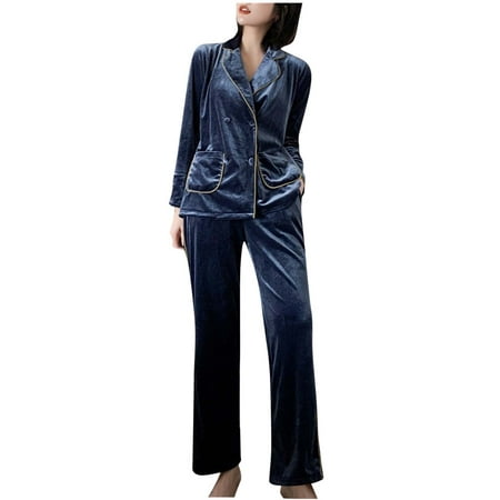 

RQYYD Clearance Women s Velour Pajama Set Warm Winter Soft Velvet Loungewear Long Sleeve Button-Down 2-Piece Pj Sleepwear Navy L