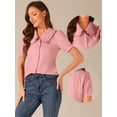 thumbnail image 2 of DARING DIVA Women's Peter Pan Collar Puff Short Sleeve Button Chambray Shirt S Pink, 2 of 6