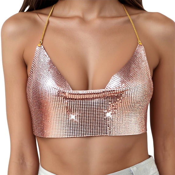 Daznico Spaghetti Strap Camisole Top with Metallic Chain Detail Glitter Sequin Bustier for Club Party Night Out,Mardi Gras Clothing,One Size