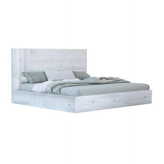 Benjara Noe Zid King Size Platform Bed- Panel Headboard- White Finish- Modern