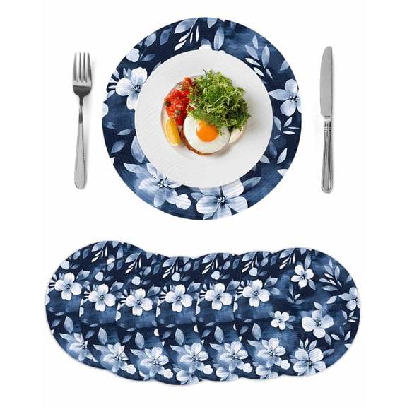 Navy Blue Spring Floral Round Placemats Set of 6 for Dinning Tables,Heat-proof Braided Table Mats 15 Inch,Summer Flowers Watercolor Botanical Washable Place Mat for Kitchen Restaurant Party Table