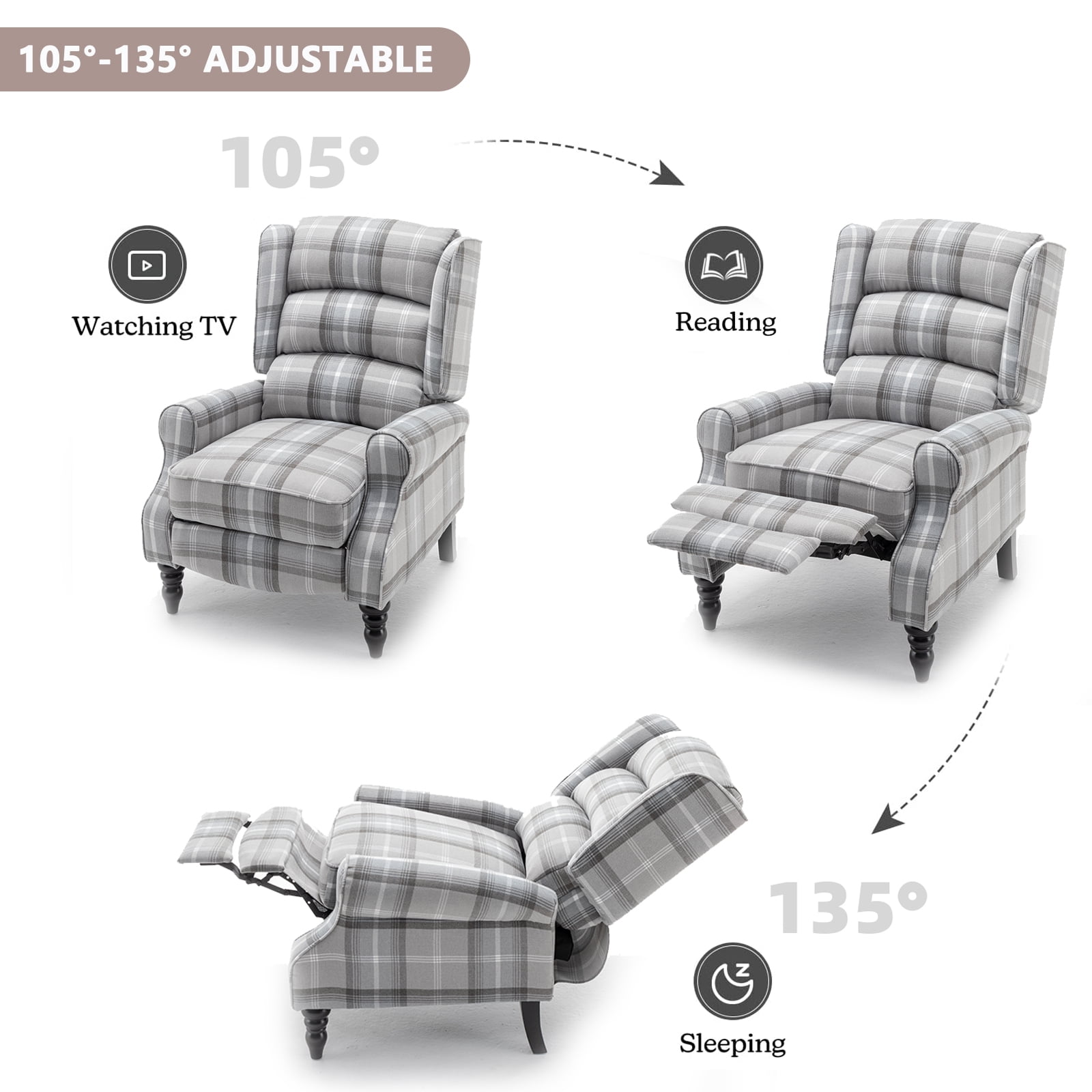 Upholstered Wingback Recliner Chair, Plaid Recliner Chair Armchair Adjustable Footrest Push Back Reclining Sofa, Mid Century Modern Lounge Armchair for Living Room, Bedroom, Reading -- Blue
