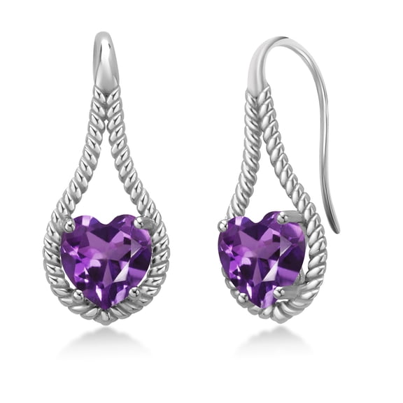 Gem Stone King 925 Sterling Silver Purple Amethyst Dangle Earrings for Women | 1.80 Cttw | Gemstone February Birthstone | Heart Shape 7MM