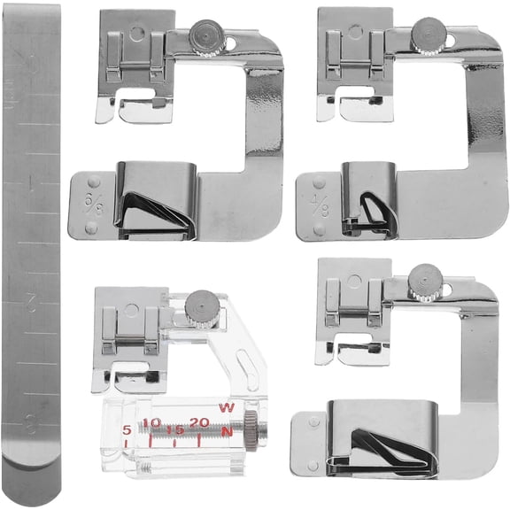 5pcs General Sewing Machine Presser Foot Set for Household Use, Metal Rolled Hem Foot and Fabric Edge Guide, Compatible Low Shank Machines for DIY Fabric Edging and Stitching