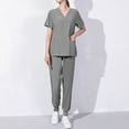 thumbnail image 2 of Jinhomg Women's Nurse Scrubs Set 2 Piece Casual Solid Scrub Suits Casual Loose Short Sleeve V-Neck Tunic Tops and Jogger Pants with Pockets Fall Saving Gray XXL, 2 of 7