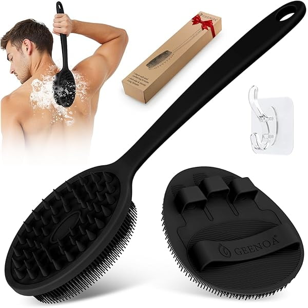wonima11 Silicone Back Scrubber & Bath Glove Set 2PCS, 13.4'' Gentle Shower Back Scrubber with Dual-Side Head Non-Slip Handle, 360° Anti-Slip Hand-fit Bath Glove for Rich Foaming Deep Cleaning(Black)