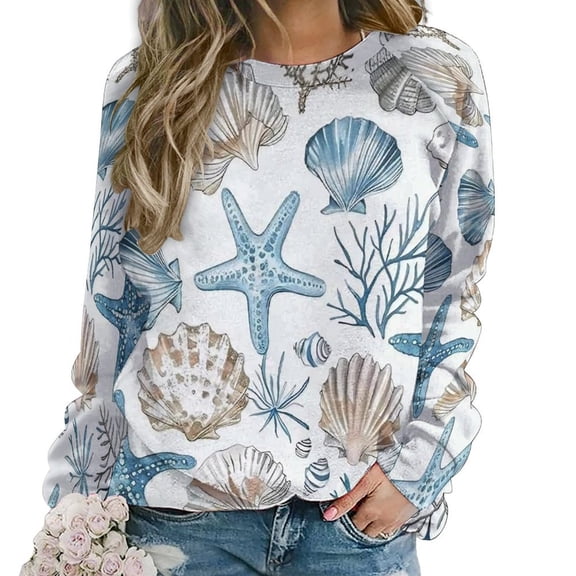 Marine Coral Shell StarBlue Women Casual Long Sleeve Hoodie Streetwear Pullovers Top Female Clothing