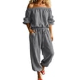 thumbnail image 2 of JOANKDMI Off The Shoulder Jumpsuits for Women Casual Long Rompers with Pockets Loose Fit Elastic Waist Drawstring Summer Beach Outfits Flowy One Piece Overalls, 2 of 6