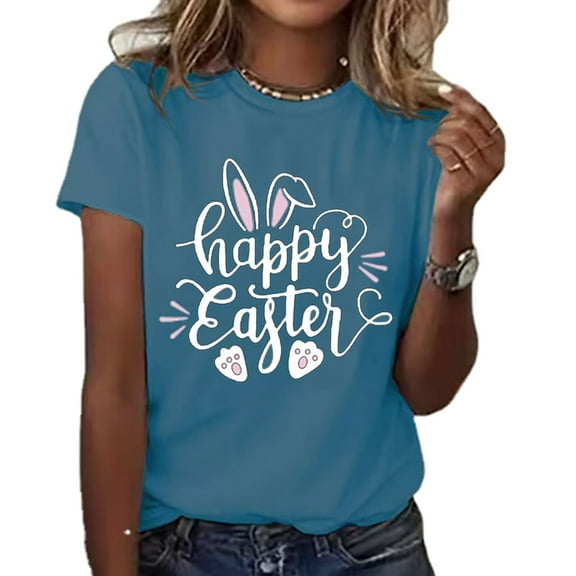 Baqcunre Womens Tops,Easter Cartoon Print Women's Summer Casual Cotton Short Sleeve Tshirt,Shirts For Women,Graphic Tees,Going Out Tops For Women,Womens Clothes,Blue,L