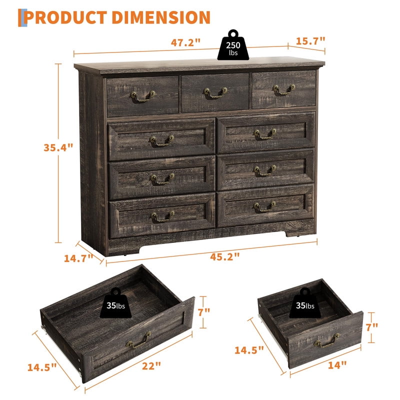 TROPOW Vintage 9 Drawer Dresser for Bedroom, 47" Wide Chest of Drawers with Natural Wood Texture, Wooden Storage Organizer for Closet, Living Room, Hallway,Gray